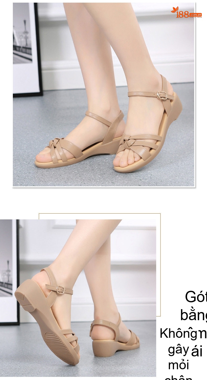 Dép Sandal Nữ Quai Ngang Da Bò Đế Cao 5cm - 6cm Màu Đen, Kem chi tiết 19