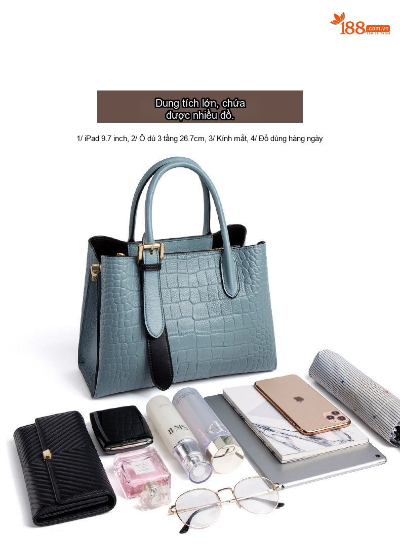 Túi Xách Tay Nữ Da Bò Dung Tích Lớn Thời Trang Công Sở Màu Xanh, Đen chi tiết 7