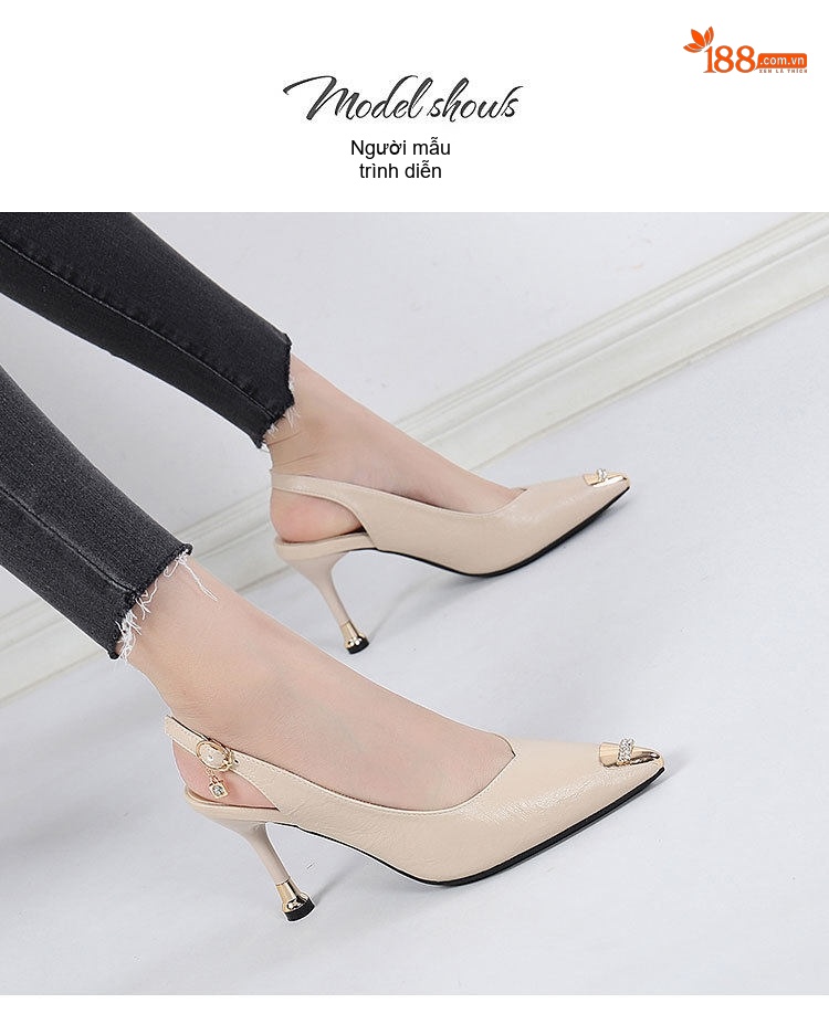 Giày Sandal Cao Gót Nữ Hở Gót Mũi Nhọn Đính Đá Gót Cao 7cm - 8cm Màu Đen, Kem chi tiết 20