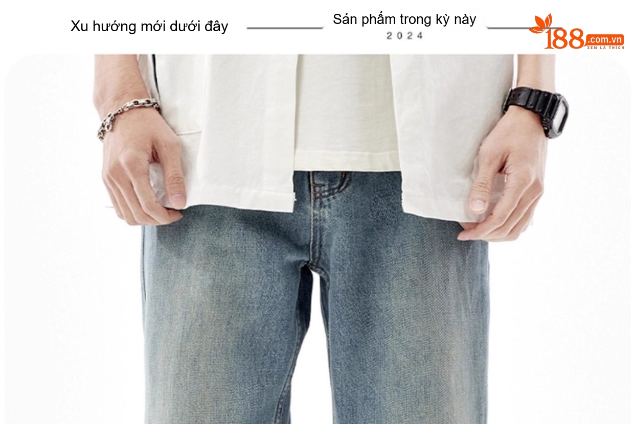 Quần Jean Nam Ống Rộng Thẳng Đứng Màu Xanh Nhạt Phong Cách Mỹ Retro chi tiết 4