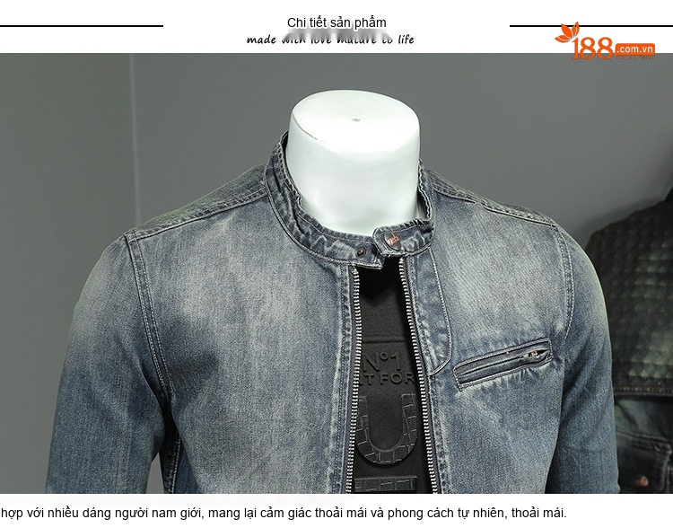 Áo Khoác Jean Nam Motor Biker Slim Fit Cổ Trụ Khóa Kéo chi tiết 8