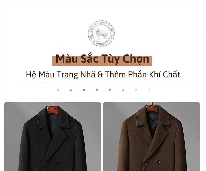 Áo Khoác Dạ Nam Dáng Dài Hai Hàng Khuy Pha Len Lông Cừu Dày Dặn Màu Nâu, Đen, Xám chi tiết 8