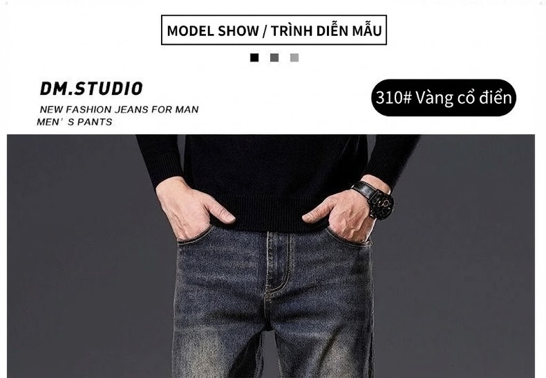 Quần Jean Nam Ống Suông Rộng Co Giãn Phong Cách Retro Màu Xanh Denim chi tiết 14