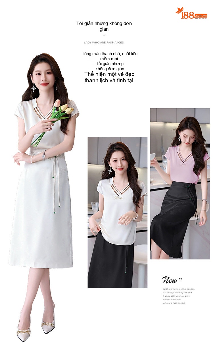 Set Bộ Áo và Chân Váy Chữ A Phong Cách Tân Cổ Điển Màu Đen, Trắng, Hồng chi tiết 2