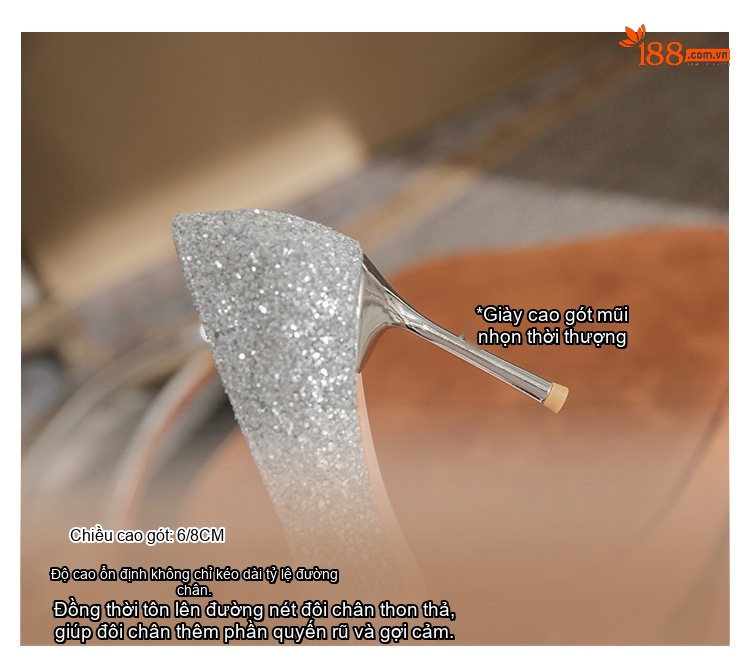 Giày Cao Gót Nữ Mũi Nhọn Đính Đá Chiều Cao Đế 6cm Màu Bạc chi tiết 9