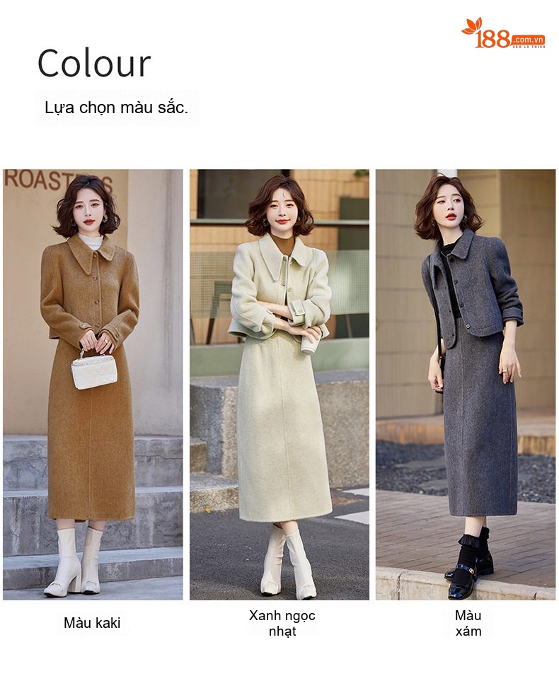 Set Áo Khoác Lửng Nữ và Chân Váy Bút Chì Vải Lông Cừu Hai Mặt Phong Cách Hàn Quốc Màu Nâu, Xám, Kem chi tiết 8