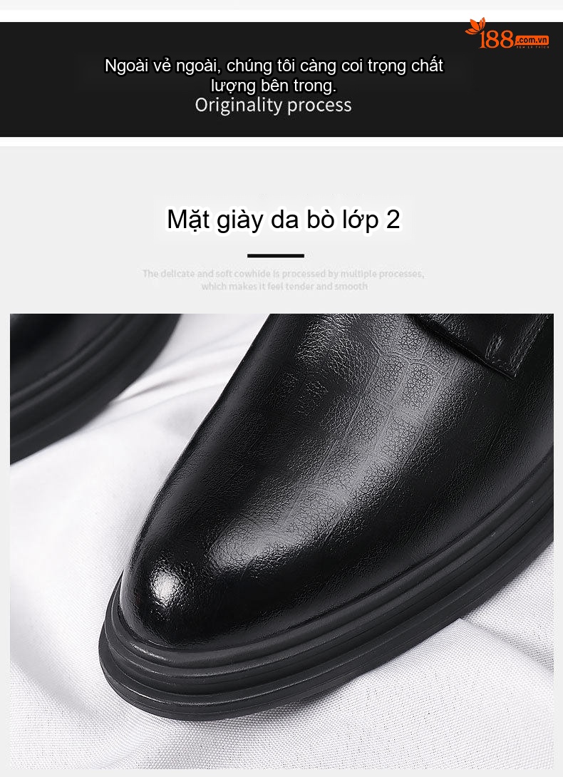 Giày Tây Buộc Dây Nam Da Bò Chiều Cao Đế 8cm Thoáng Khí Màu Đen chi tiết 11