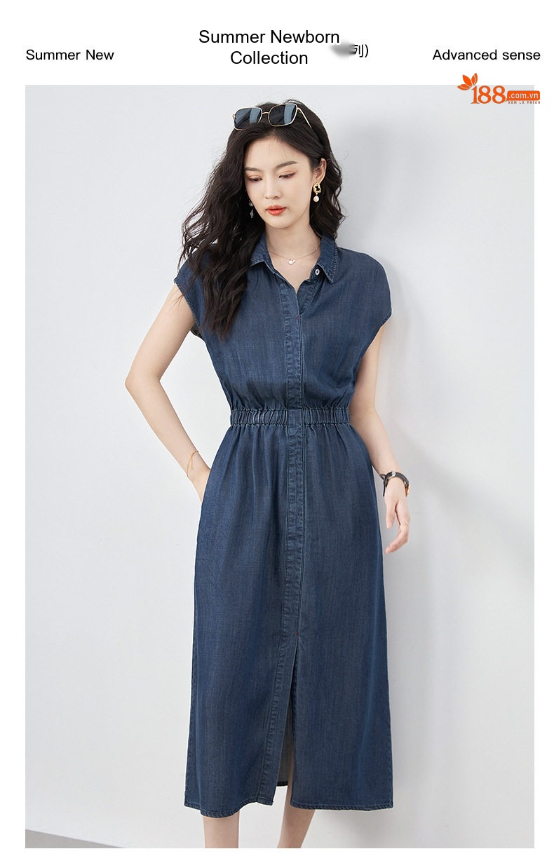 Váy Jean Thiên Sứ Nữ Dáng Suông Cổ Bẻ Tay Cộc Phong Cách Hàn Quốc Màu Xanh Jean chi tiết 1