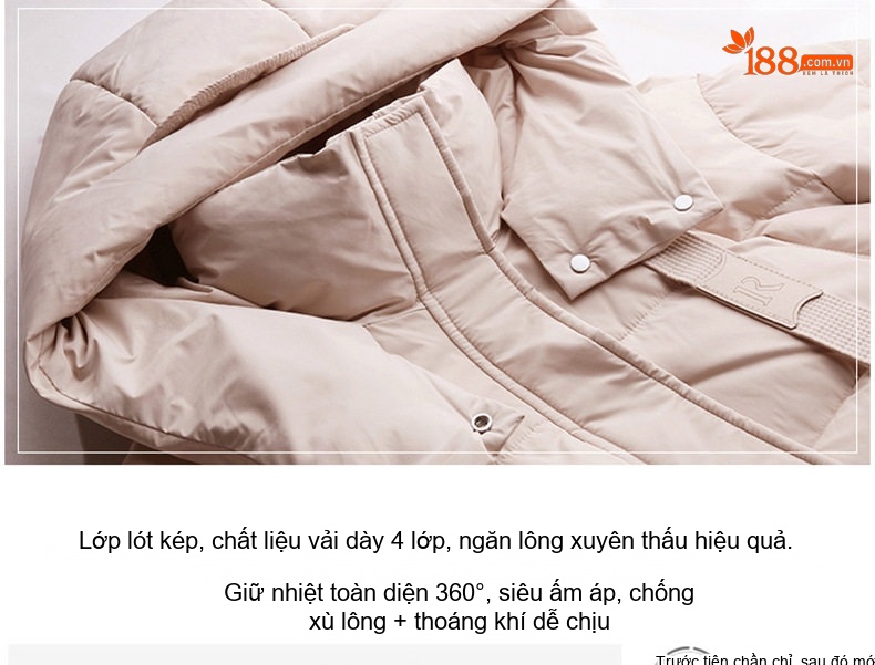 Áo Phao Nữ Dáng Dài Vừa Người Thời Trang Cao Cấp Giữ Ấm Lót Lông Vũ Trắng Màu Be, Đen, Hồng chi tiết 5