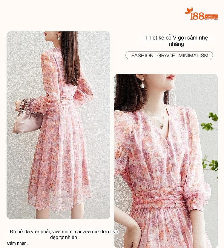 Váy Dài Nữ Họa Tiết Hoa Nhỏ Cổ chữ V Tay Phồng Nút Gỗ Phong Cách Ngọt Ngào Màu Hồng, Cam chi tiết 7