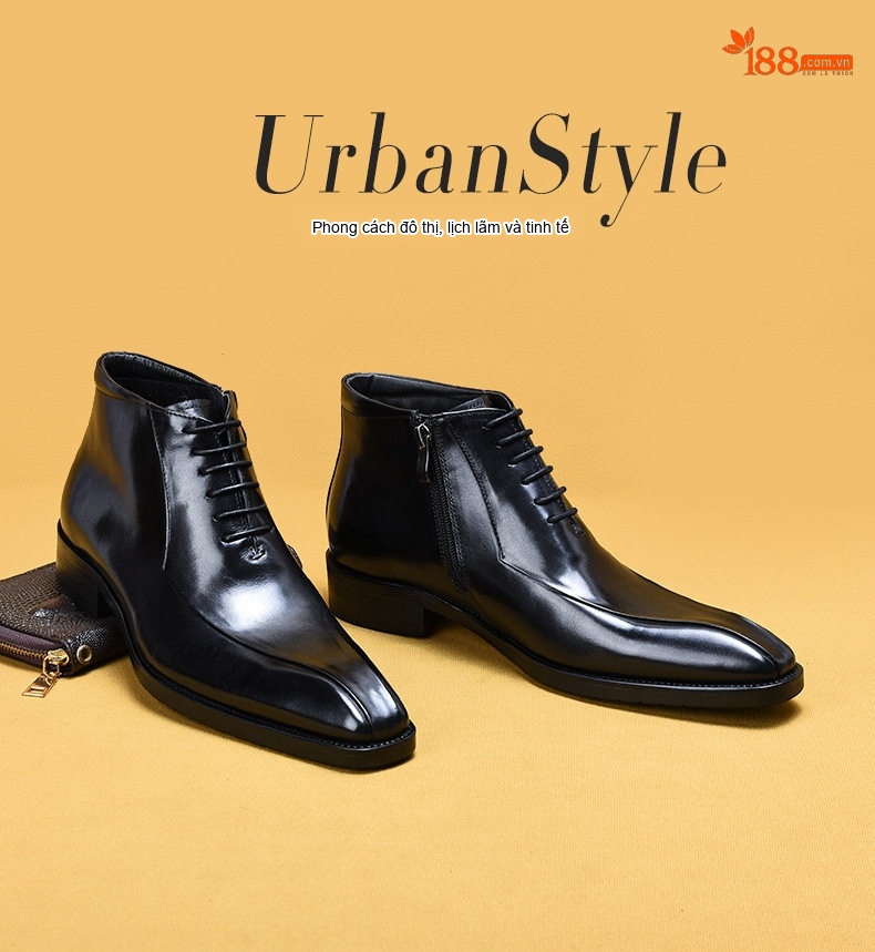 Boot Nam Da Bò Cổ Cao Giày Tây Buộc Dây Chiều Cao Đế Khoảng 3cm Màu Nâu Đậm chi tiết 2