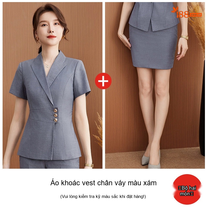 Bộ Vest Công Sở Nữ Tay Ngắn Áo Khoác Chân Váy Màu Đen, Xám, Xanh Navy