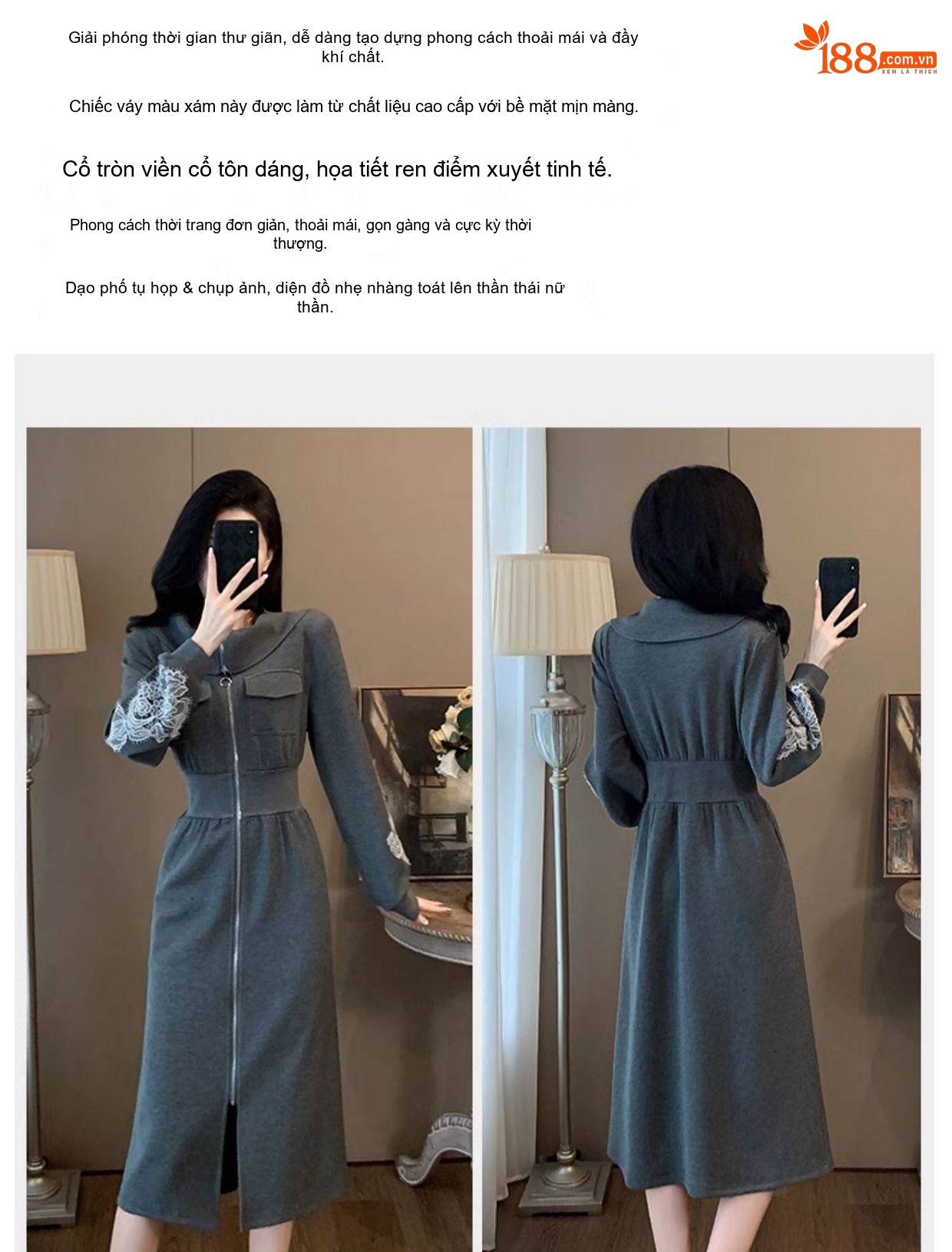 Váy Thun Nữ Dáng Dài Tay Dài Cổ Bẻ Khóa Kéo Eo Thun Màu Xám chi tiết 1