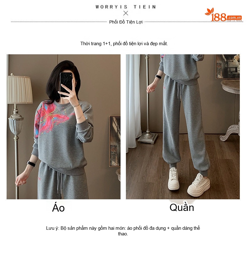 Bộ Quần Áo Nữ Thun Dài Tay In Hình Bướm Phong Cách Thể Thao chi tiết 5