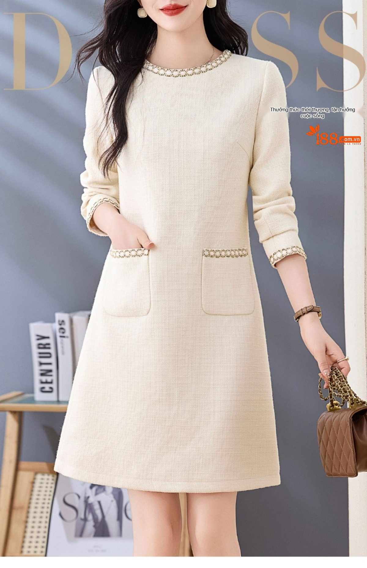 Váy liền thân Nữ Tiểu Thư Tay Dài Phong Cách Pháp Thanh Lịch Màu Kem chi tiết 2