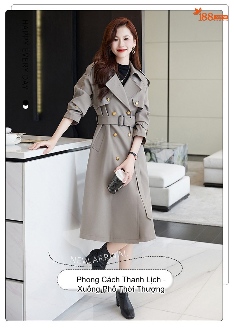 Áo Khoác Mangto Nữ Dáng Dài Thắt Eo Màu Be, Đen, Nâu chi tiết 4