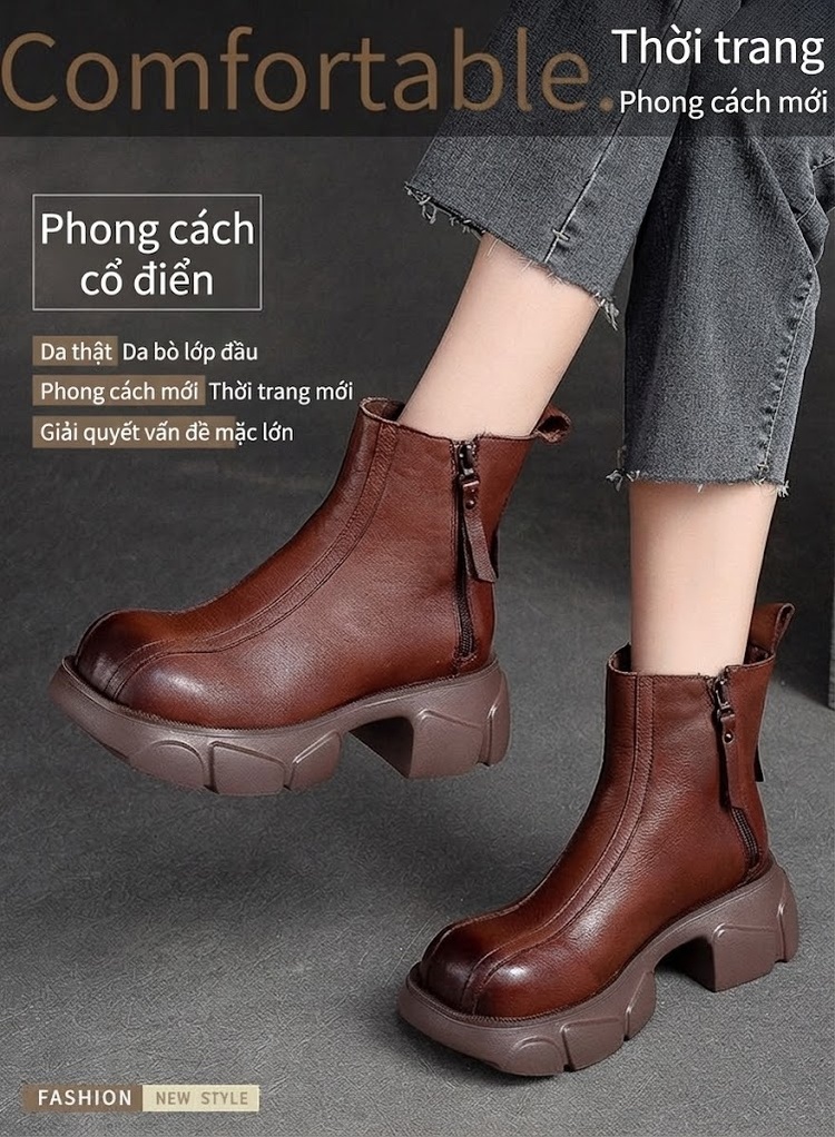 Boot Nữ Da Bò Khóa Kéo Bên Hông Phong Cách Retro Chiều Cao Đế Khoảng 6cm Màu Đen, Nâu chi tiết 1