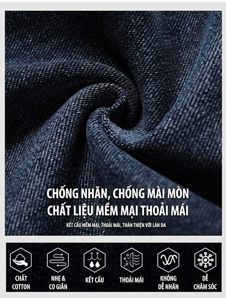 Quần Jean Nam Dáng Ôm Vừa Vặn Co Giãn Thoải Mái Màu Xanh Đậm, Xám Đen chi tiết 4