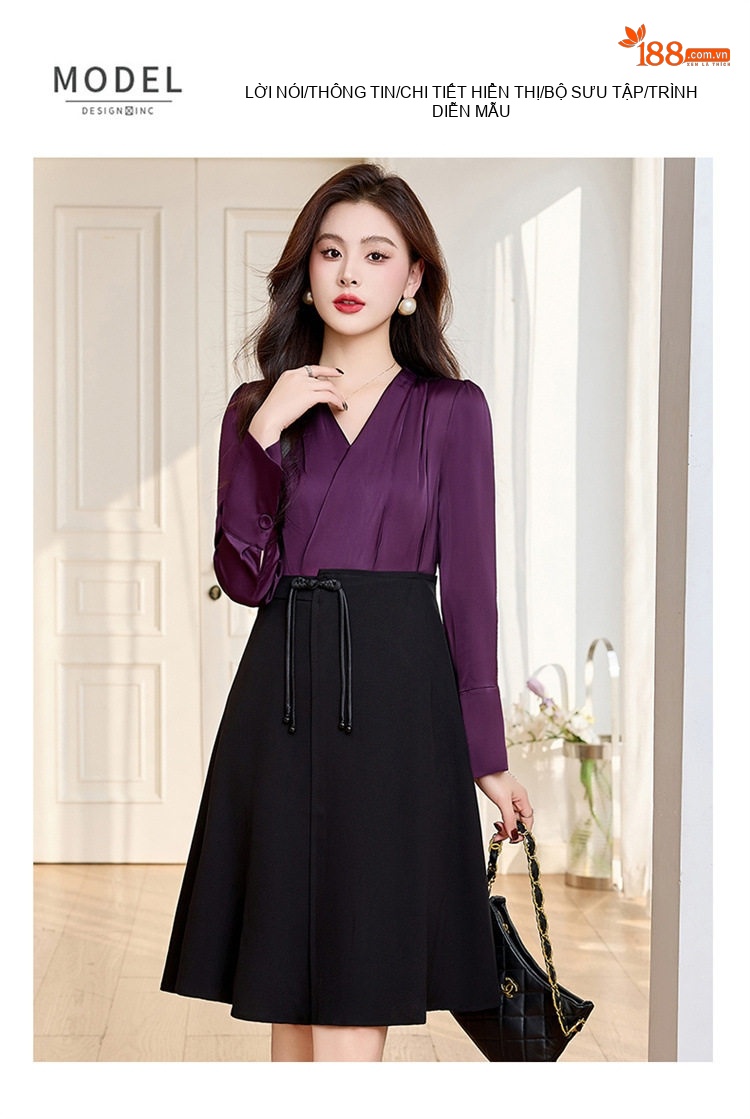 Váy liền thân Nữ Cổ chữ V Trung Dài Tay Thiết Kế Thắt Eo Tôn Dáng Thoáng Khí Màu Đen, Đỏ, Tím, Be chi tiết 13