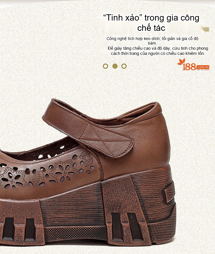 Dép Sandal Nữ Quai Dán Đế Bệt Phong Cách Retro Thoáng Khí Đế Cao 5cm - 6cm Màu Nâu, Kem chi tiết 4