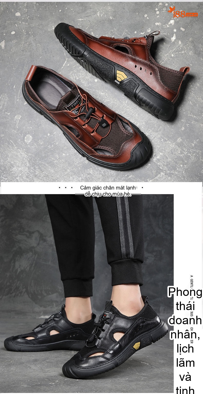 Dép Sục Nam Da Thật Thoáng Khí Chống Trượt Chiều Cao Đế Khoảng 3cm Màu Nâu, Đen chi tiết 13