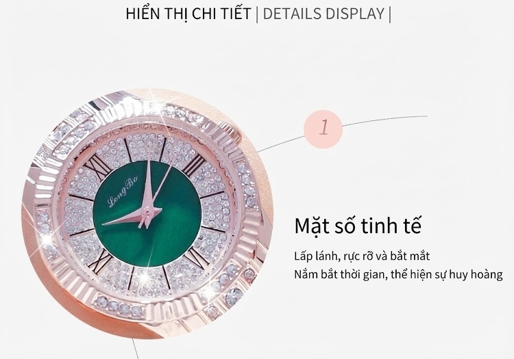 Đồng Hồ Nữ LONGBO Dây Kim Loại Đính Đá Chống Nước Màu Vàng Hồng, Trắng, Xanh... chi tiết 10