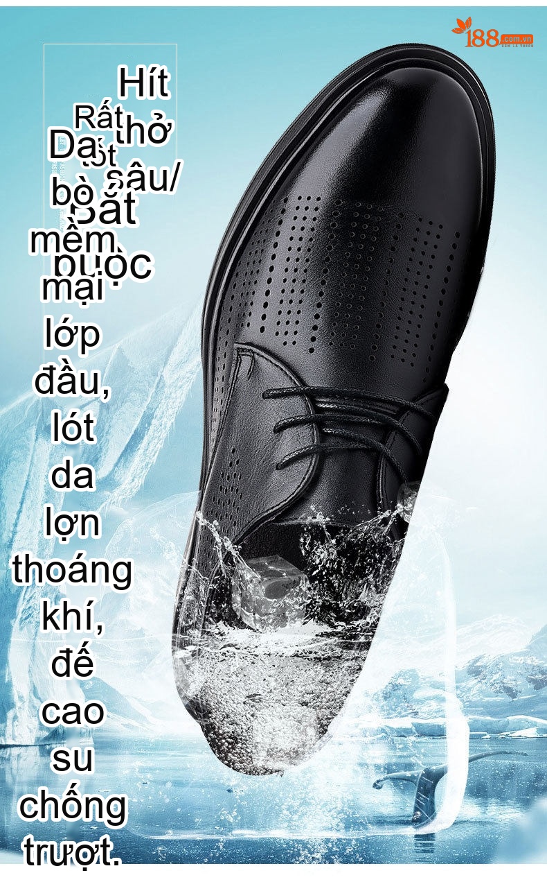 Giày Tây Buộc Dây Nam Da Bò Lỗ Thoáng Khí Chiều Cao Đế Khoảng 3cm Màu Đen chi tiết 8