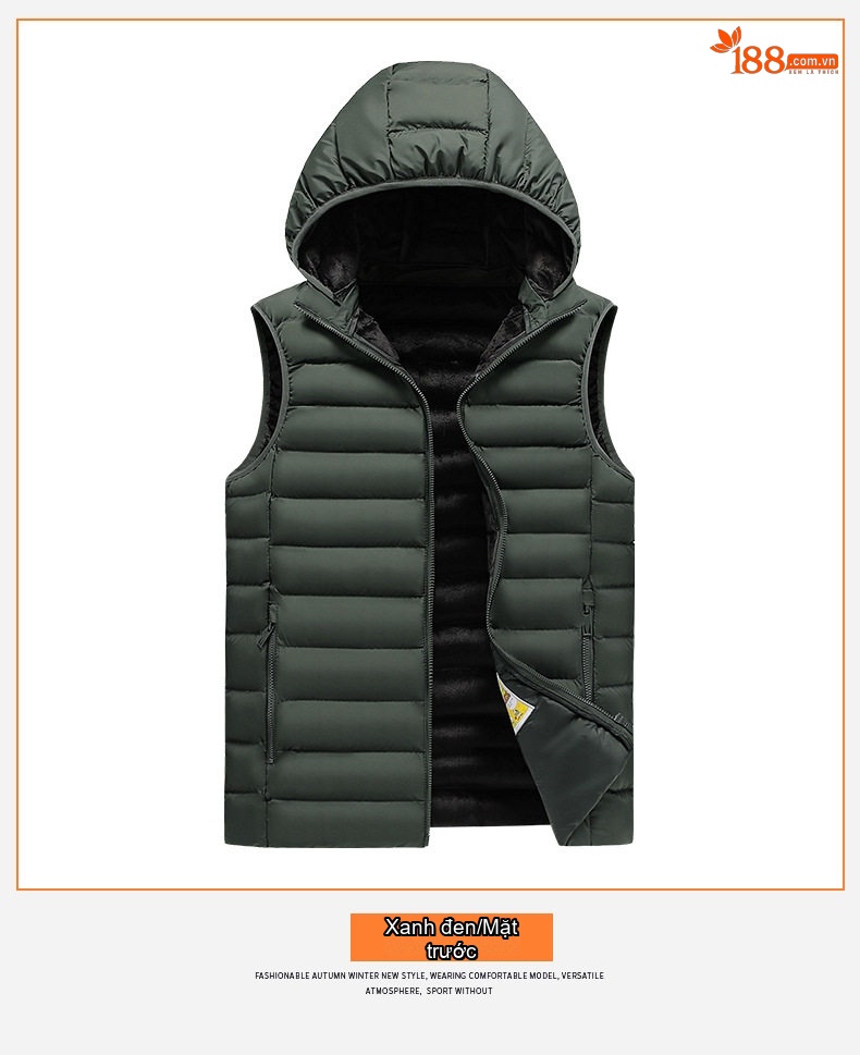 Áo Gile Bông Nam Có Mũ Trùm Đầu Tháo Rời 100% Polyester Màu Đen, Xám, Xanh Lam, Xanh Đậm... chi tiết 21