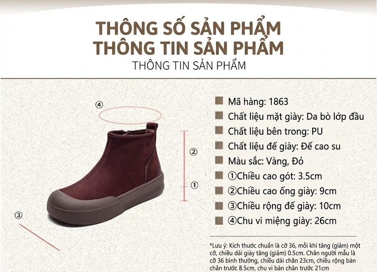 Boot Nữ Da Lộn Đế Dày Khóa Kéo Bên Hông Phong Cách Retro Chiều Cao Đế Khoảng 3cm Màu Đỏ Rượu, Vàng chi tiết 2