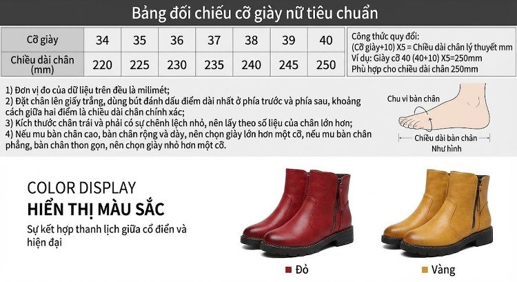 Boot Nữ Da Lộn Đế Dày Khóa Kéo Bên Hông Phong Cách Retro Chiều Cao Đế Khoảng 3cm Màu Đỏ Rượu, Vàng chi tiết 3