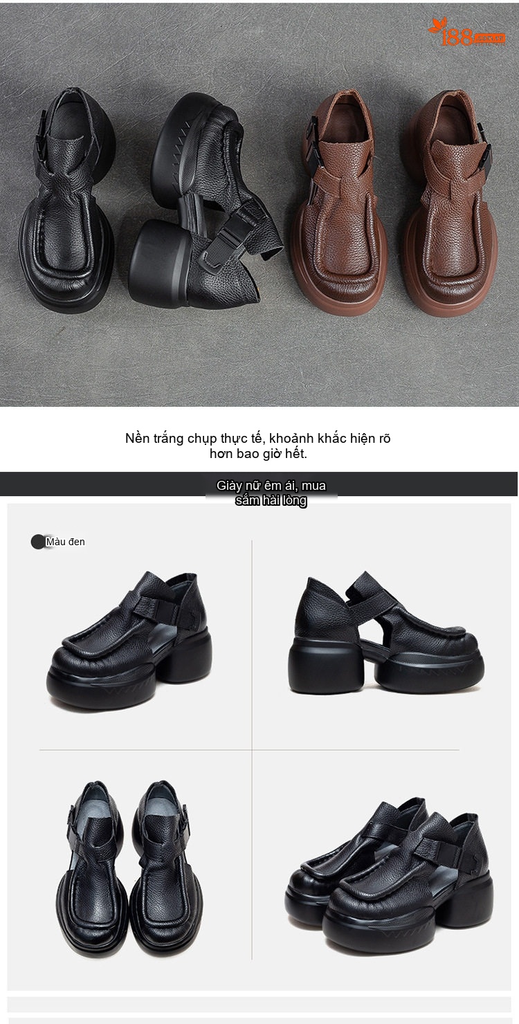 Dép Sandal Nữ Da Bò Hở Mũi Quai Dán Đế Cao 5cm - 6cm Màu Đen, Nâu chi tiết 15