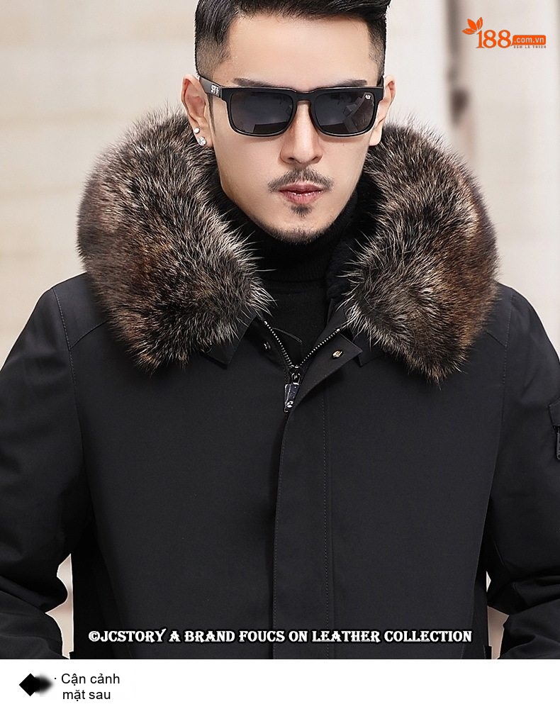 Áo Parka Nam Dáng Dài Lót Lông Thỏ Cổ Lông Cáo Màu Đen chi tiết 23