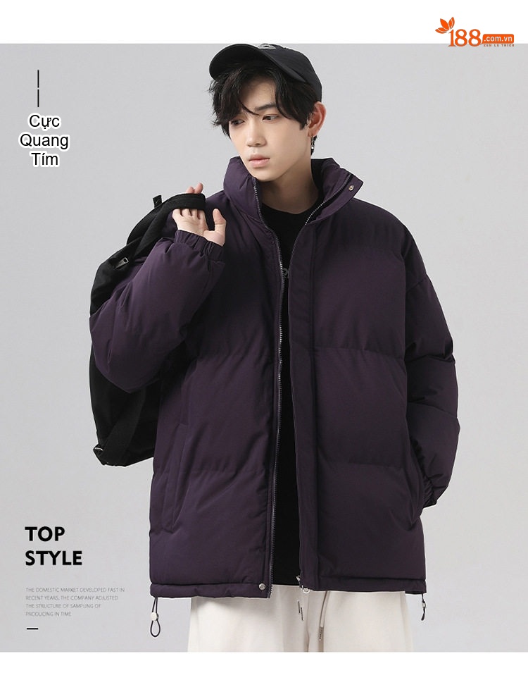 Áo Khoác Cotton Nam Nữ Dáng Rộng Cổ Trụ Chống Thấm Nước Mùa Đông Màu Xám Đậm, Tím, Đỏ, Xanh Lá... chi tiết 25