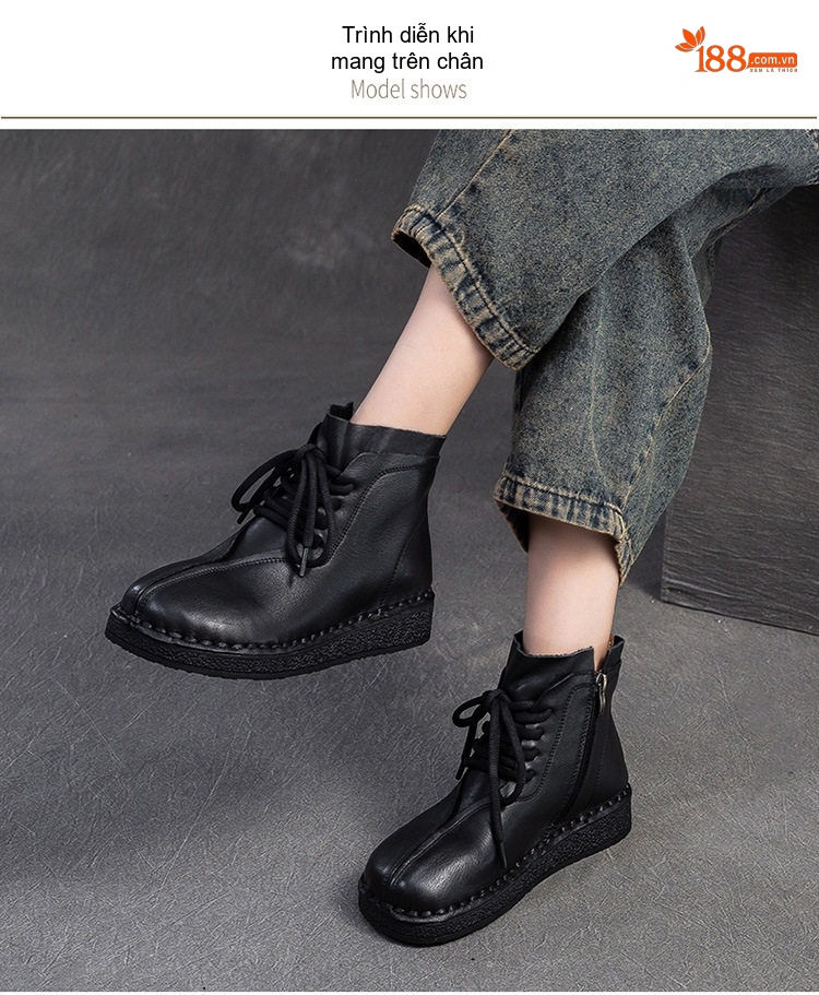 Boot Nữ Cổ Ngắn Da Bò Ôm Chân Chiều Cao Đế Khoảng 3cm Màu Đen, Nâu chi tiết 8