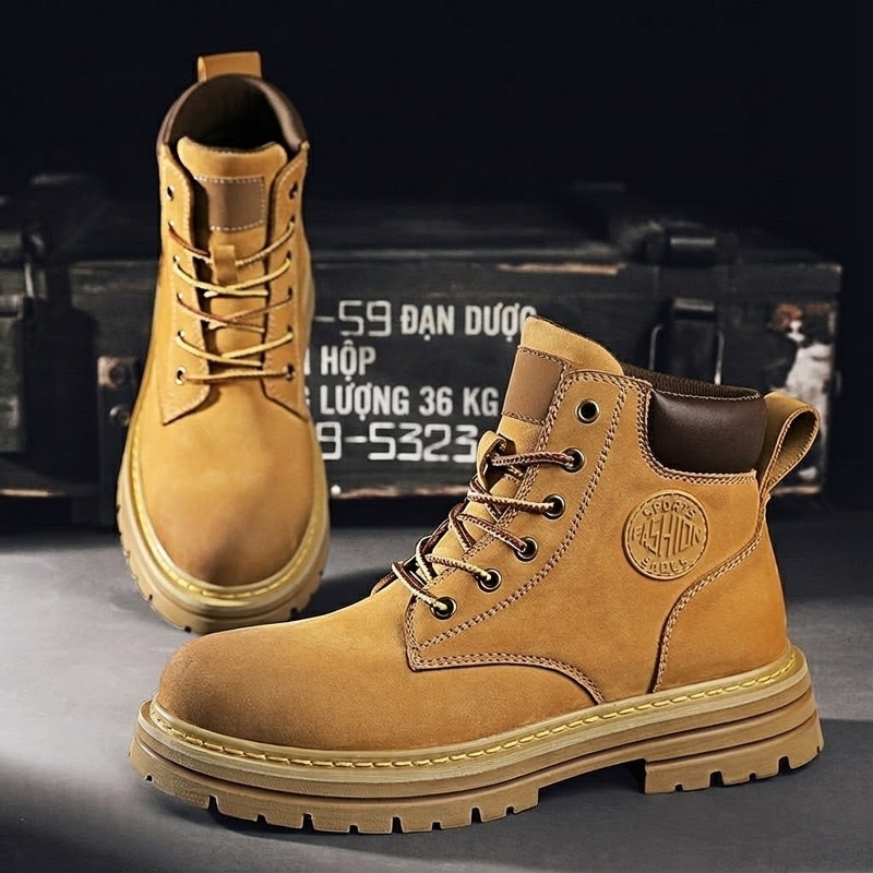 Giày Boot Martin Nam Da Mờ Cao Cổ Tăng Chiều Cao Đế Khoảng 4cm