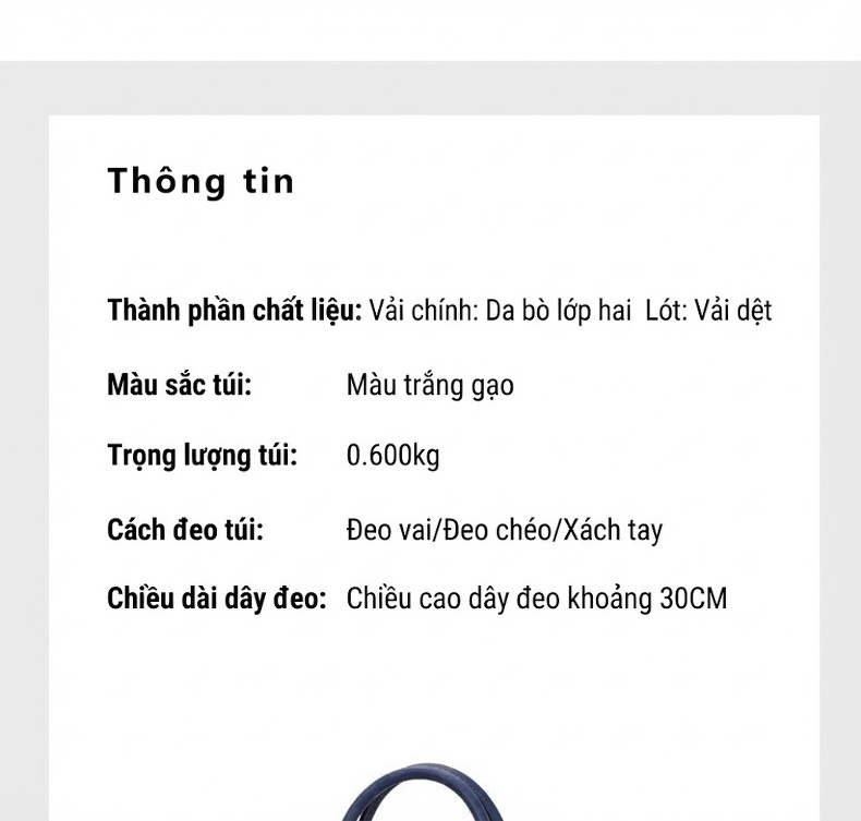 Túi Xách Tay Nữ Da Thật Quai Xách và Đeo Chéo Sức Chứa Lớn Màu Trắng Kem, Xanh Navy chi tiết 5