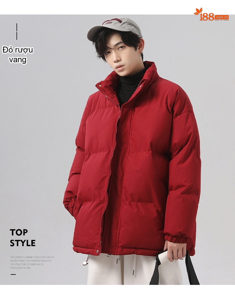 Áo Khoác Cotton Nam Nữ Dáng Rộng Cổ Trụ Chống Thấm Nước Mùa Đông Màu Xám Đậm, Tím, Đỏ, Xanh Lá... chi tiết 41