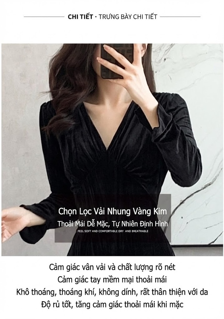 Váy Dài Tay Nữ Chất Nhung Gân Cổ chữ V Thu Eo dáng chữ A Thanh Lịch Màu Đen chi tiết 3