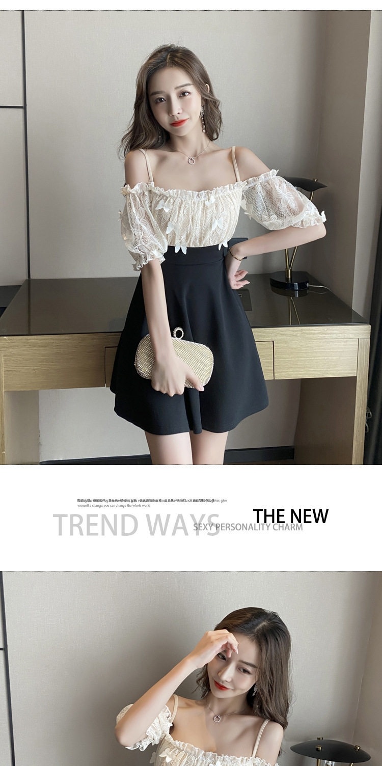 Váy Đầm Nữ Hai Dây Hở Vai Cổ Chữ U A-Line Ngắn Màu Đen, Trắng Kem chi tiết 1