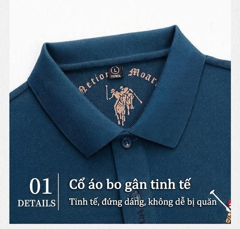 Áo Polo Tay Dài Nam Cotton Cổ Bẻ Dáng Ôm Mùa Thu Màu Cam, Đỏ, Be, Xám... chi tiết 4