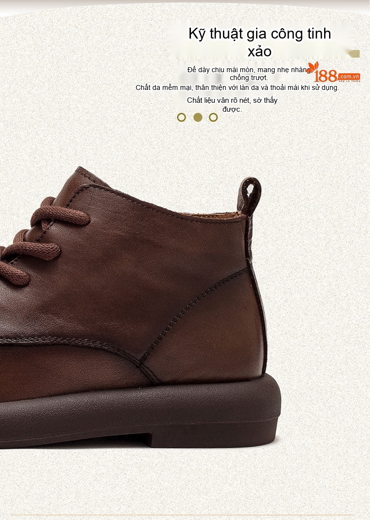 Boot Nữ Da Bò Cổ Cao Gót Bệt Mũi Tròn Phong Cách Retro Chiều Cao Đế Khoảng 3cm Màu Nâu, Đen, Xám chi tiết 3