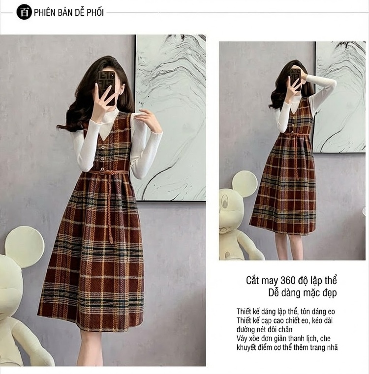 Set Áo Dệt Kim Tay Dài Cổ Lọ Và Váy Yếm Dây Đeo Caro dáng chữ A Màu Nâu, Xanh chi tiết 3