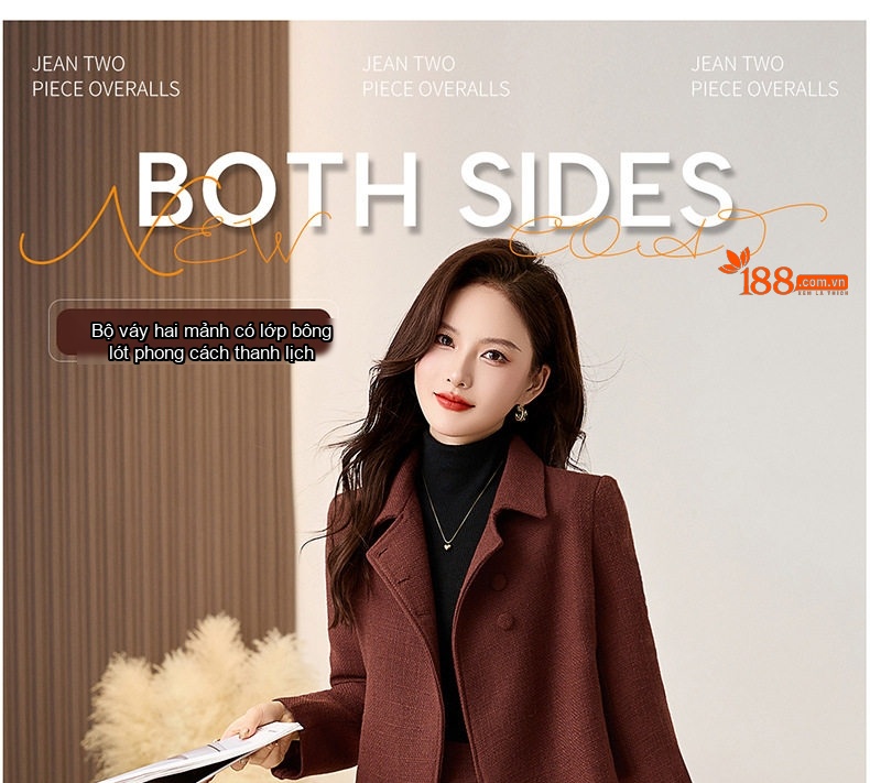 Set Áo Khoác Lửng Tay Dài Vải Flanel Chần Bông Và Chân Váy Midi Phong Cách Tiểu Thư Màu Nâu Đỏ, Xanh Rêu chi tiết 1