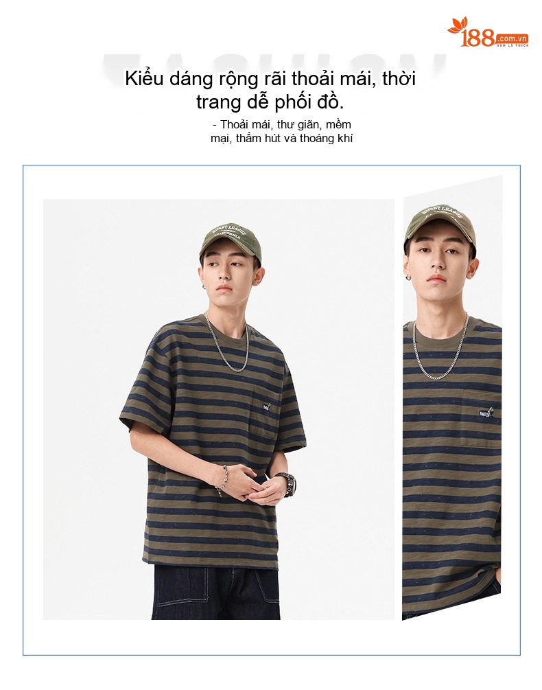 Áo Thun Nam Tay Ngắn Cotton Họa Tiết Sọc Ngang Form Rộng Màu Xanh Olive, Trắng chi tiết 3