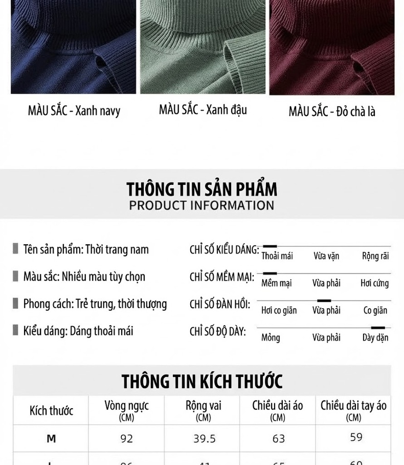 Áo Len Cổ Lọ Nam Dệt Kim Giữ Ấm Dày Dặn Màu Xanh Lam, Xanh Navy, Đỏ Rượu Vang, Kem... chi tiết 13