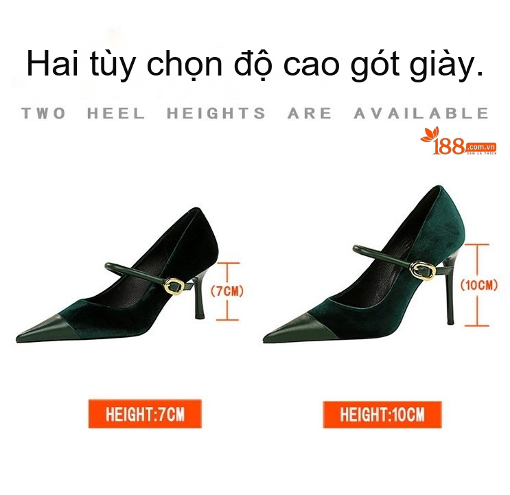 Giày Cao Gót Nữ Nỉ Mũi Nhọn Quai Ngang Chiều Cao Đế Khoảng 7cm Màu Đỏ, Đen, Xanh, Nâu... chi tiết 2