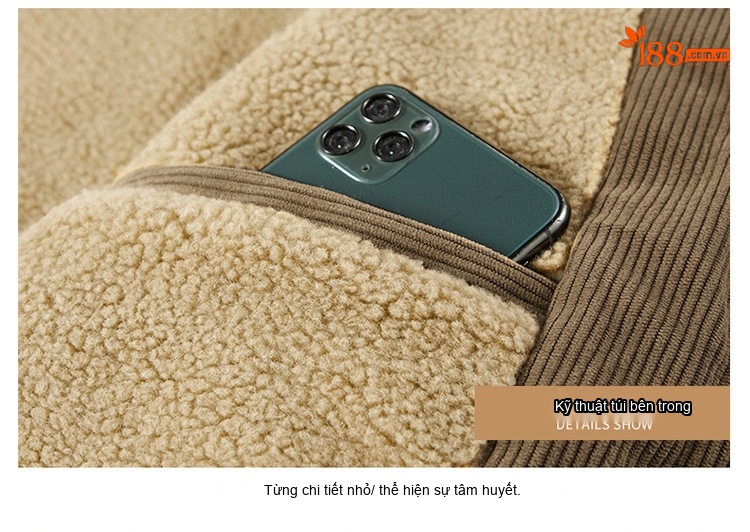 Áo Khoác Bông Nam Dáng Rộng Cổ Bẻ Lót Lông Cừu Non Vải Cotton Gân Màu Đen, Xanh Rêu, Nâu chi tiết 31