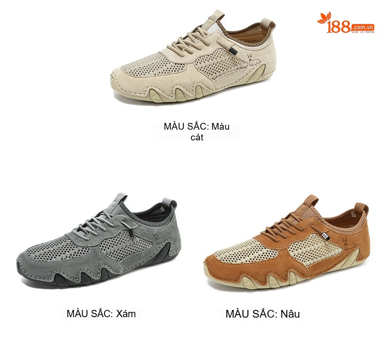 Giày Thể Thao Nam Khâu Viền Da Thật Lưới Thoáng Khí Chiều Cao Đế Khoảng 3cm Màu Nâu, Xám, Kem... chi tiết 6