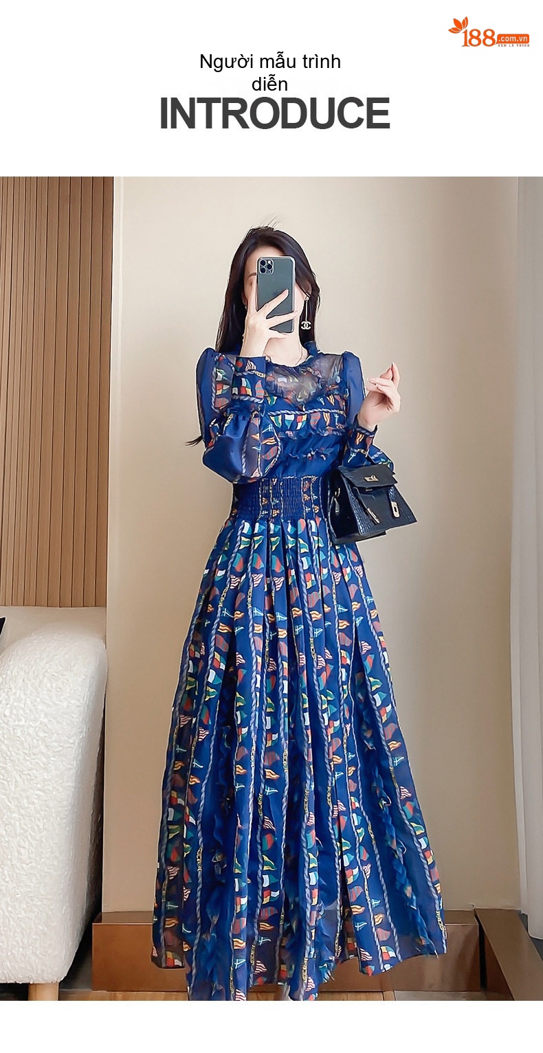 Váy Dài Tay Nữ Họa Tiết Hoa Nhí Phong Cách Pháp Thanh Lịch Màu Xanh, Đỏ chi tiết 7