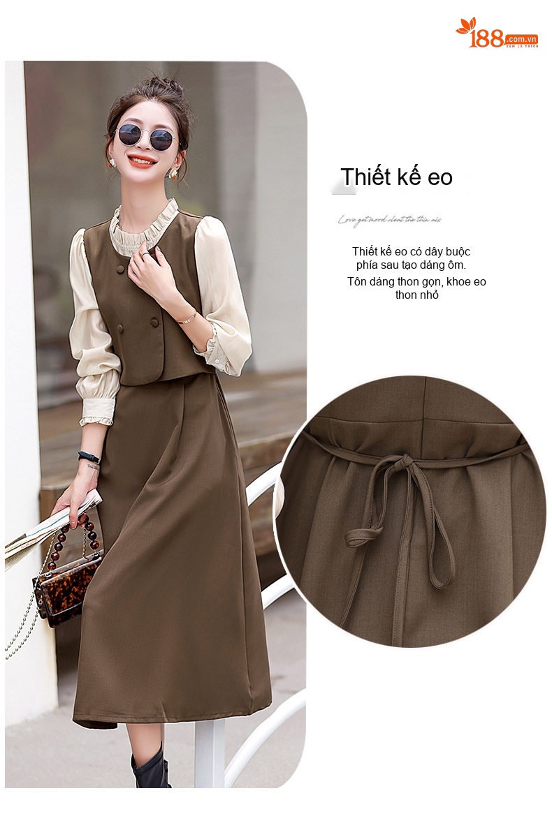 Váy Liền Thân Nữ Tiểu Thư Tay Dài Thiết Kế Giả Hai Lớp Thanh Lịch Màu Đen, Nâu, Xám chi tiết 8